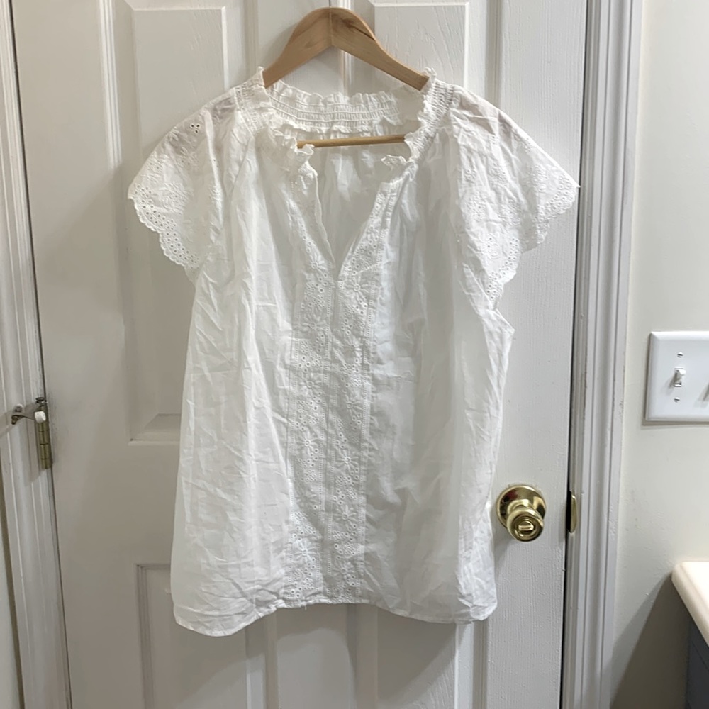 White, Eyelet, Shirt Sleeved Top, Medium
